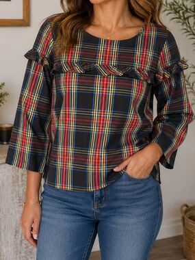 Talbots Petites Plaid Ruffle Blouse Top Medium Petite MP